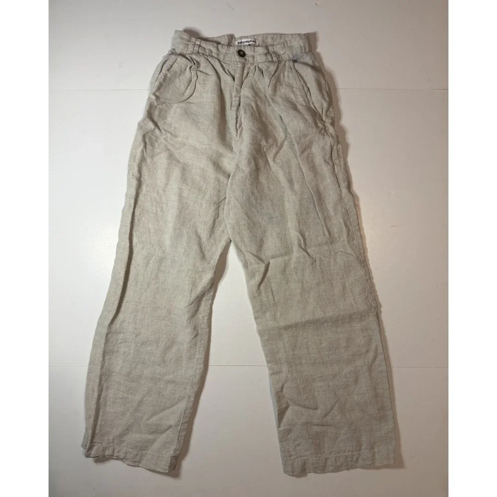 Reformation Linen Pants Beige Neutral High Rise Straight Leg Trousers 4 Petite